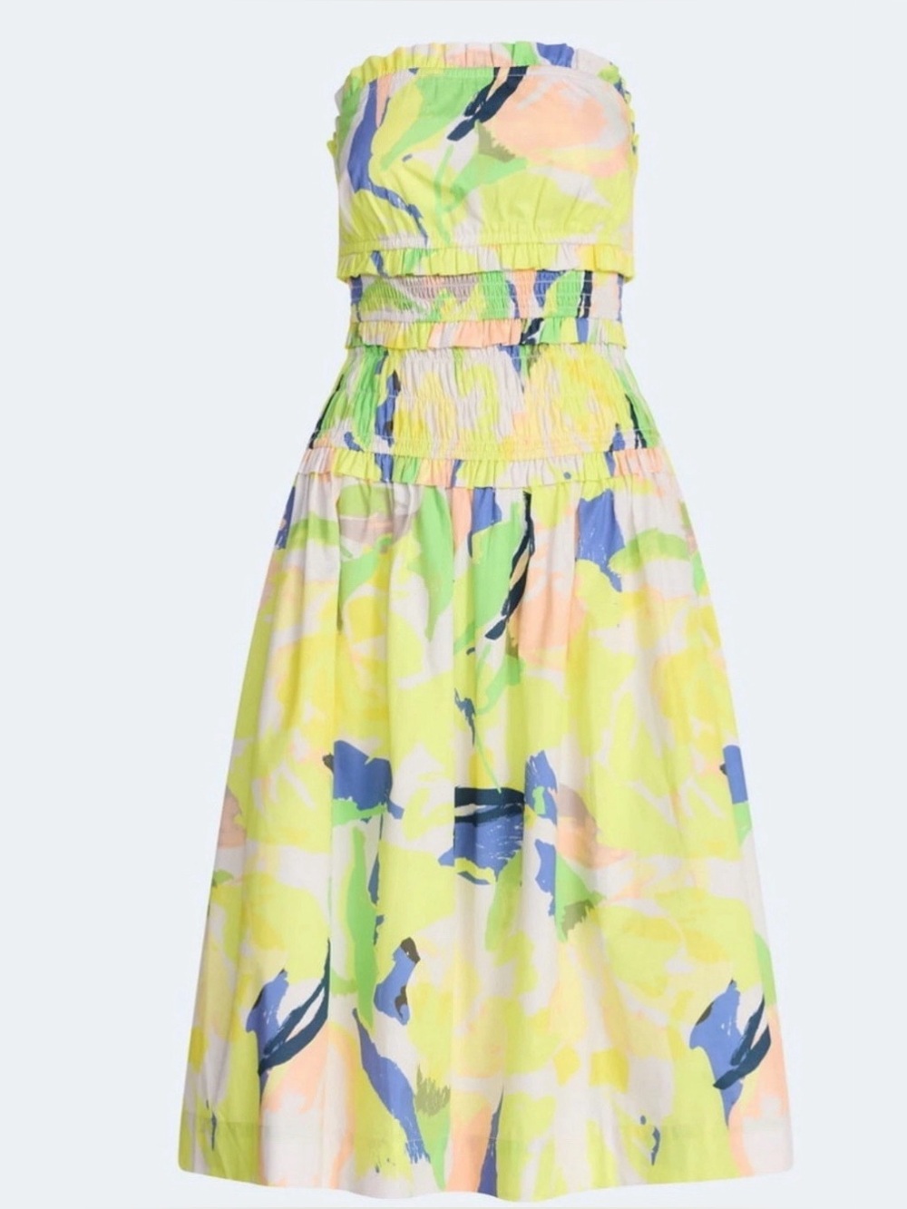 Free Assembly Yellow Floral Strapless Poplin Tiered Midi Dress Coastal Cottage M